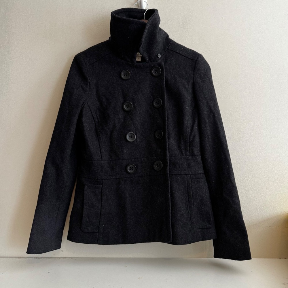 VTG Women's Sz M Charcoal Gray Wool Blend Pea Coat Winter Fall Layers Capsule